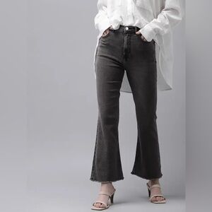 91 Cotton On Black Cropped Kick Flare High Rise Jeans With Raw Hem Size 12